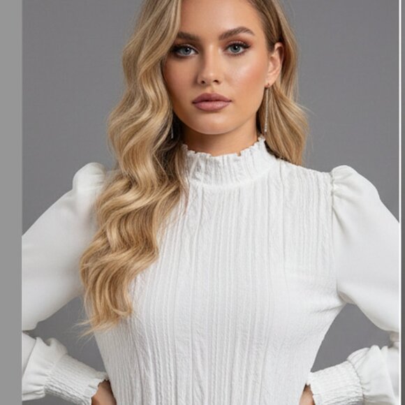 Mock Neck Lantern Sleeve Blouse White - Picture 2 of 7